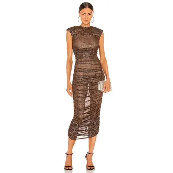 Bronx & Banco Maya Ruched Bateau Neckline Long Dress XS Brown Glitter Sheer NWT - Picture 2 of 8